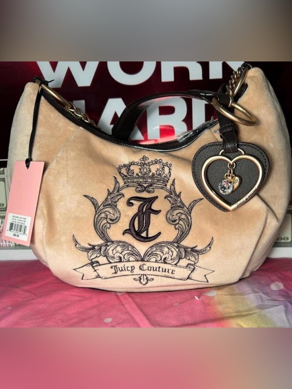 Juicy Couture Beige Shoulder Bag with Black Crest and Heart Charm